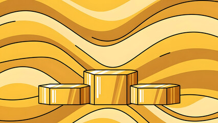 Three tiered golden podium stage with flowing wavy gold background, luxurious abstract showcase platform for award presentation or premium branding, elegant modern