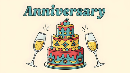 Three-tier celebration cake with champagne glass and anniversary lettering, refined festive greeting concept for wedding or milestone event, clean elegant