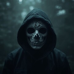 Skull Hooded Reaper Dark Horror Ghost Mysterious with Intricate Mask and Foggy Background