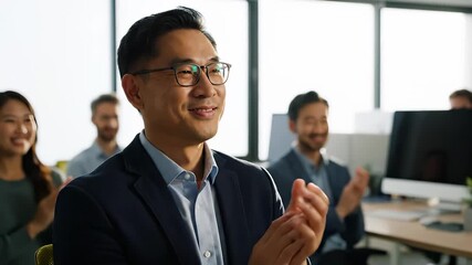 Man applauding in office meeting. Business executive watches presentation with colleague. Corporate teamwork shown through applause and smiles. Professional setting conveys leadership and teamwork.