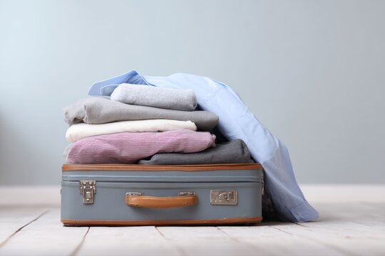 Travel stress concept, person struggling to close overpacked suitcase before trip