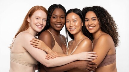 Portrait of four diverse women, embracing and smiling, celebrating friendship, natural beauty, and skin tone diversity against a white studio background.