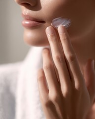Naklejka premium Routine skin care concept, close-up woman applying moisturizing cream on face in morning light, clean beauty lifestyle