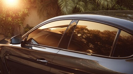 Obraz premium Close-up side view of a dark luxury car with tinted windows reflecting sunset and lush trees