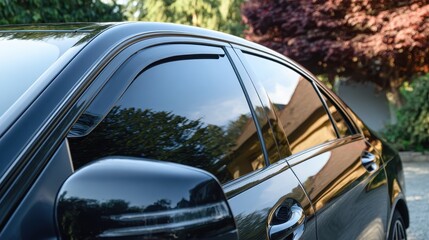 Close-up of a black luxury car with dark tinted windows and side window deflectors outdoors