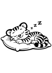 Cute sleeping tiger on pillow vector line art, black and white illustration for engrave, laser engrave and nursery decor