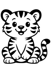 Cute smiling tiger vector line art, black and white illustration for engrave, laser engrave, prints, kids decor and creative projects