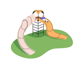 Obraz premium Happy little boy rides on slide on playground in park. Cute kid has fun outdoors. Child plays games on kindergarten ground, modern school yard. Flat isolated vector illustration on white background
