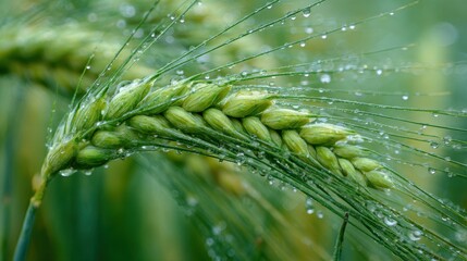 Close-up of fresh green barley ear covered with sparkling water droplets in a field