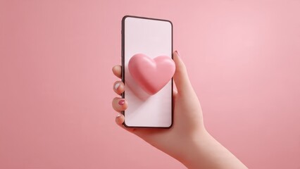 3D minimal hand holding smartphone with blank screen displaying a large pink heart icon. Concept of online dating, social media likes, or Valentine's Day.