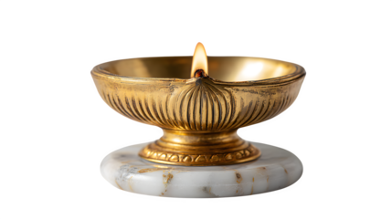 An antique brass candlestick with a flickering fire flame and a vintage golden candle isolated on a white background as an ancient decorative object