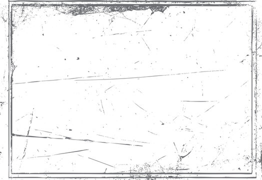 Distressed rectangular frame with a grunge texture and scattered scratches offering a vintage border effect for photographs or layouts with a worn aesthetic