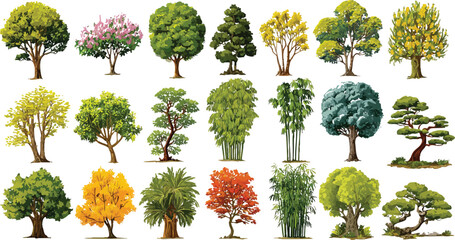 Extensive assortment of illustrated trees featuring a wide range of species and seasonal colors from vibrant greens to autumnal yellows and reds, including unique bonsai and bamboo specimens