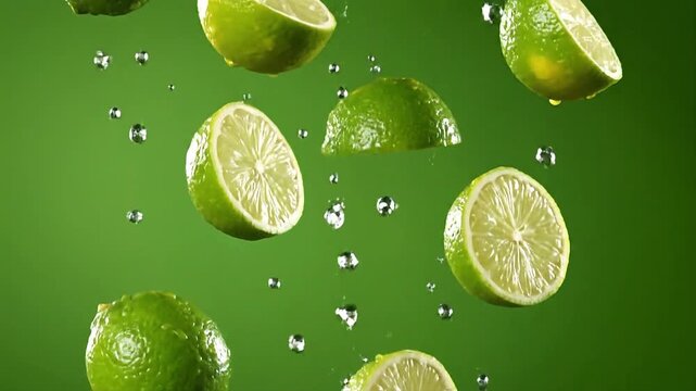 Fresh limes cascading in slow motion with zesty freshness