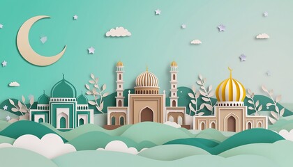Paper Cut Style Islamic Mosque Landscape Illustration for Ramadan Celebration