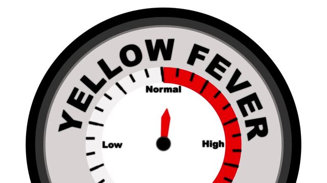 Yellow fever text with a barometer or tachometer-style gauge, illustrating varying levels of disease severity, from mild symptoms to severe complications