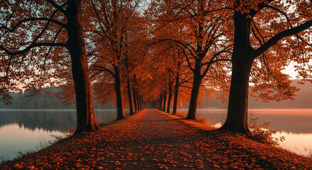 Autumnal path lined with trees displaying orange foliage, beside calm lake at sunrise, evokes tranquility and serenity, ideal for nature or seasonal themes