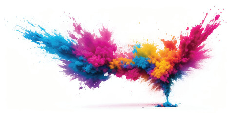 Symmetrical Double Burst of Rainbow Colored Powder and Smoke Splashes on White