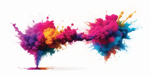 Horizontal Rainbow Powder Trail and Abstract Smoke Cloud Splash on White Background