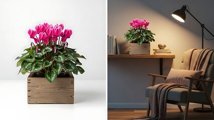 Bright Pink Cyclamen Plant in a Rustic Wooden Planter for Home Decor