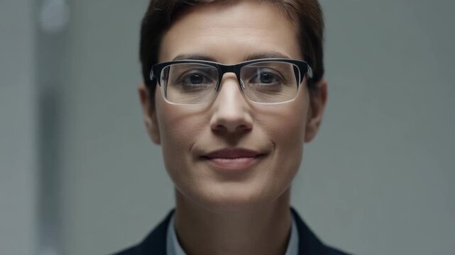 Adult wearing prescription glasses in modern optician clinic with calm reassuring expression