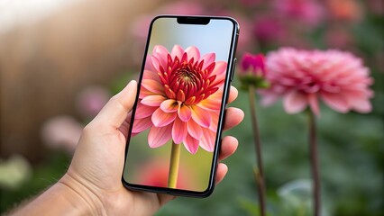 Hand holding smartphone displaying vibrant pink dahlia flower with bokeh garden background