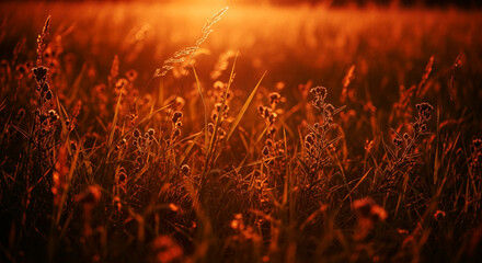 Close-up of grass and wildflowers at sunset, bathed in warm orange light, conveying serenity and the beauty of nature's simple elegance