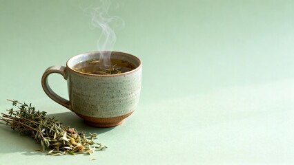 Ceramic tea cup with calm mood representing health and body self-care rest and recovery physical health no medicine against pastel background with copy space