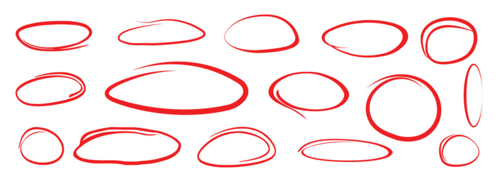 Hand drawn red circle  highlight frames. Crayon red outline ovals or ellipses  elements set. round shapes on white background. Vector illustration.