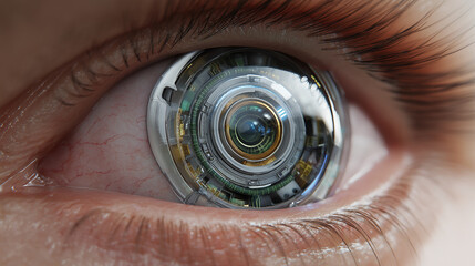 Ultra Detailed Macro Close-Up of Futuristic Robotic Eye Implant with Cybernetic Iris, Artificial Intelligence Vision and Advanced Human Augmentation Technology