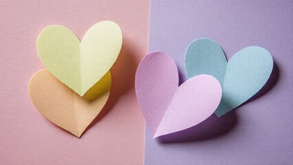 Obraz premium Colorful textured paper hearts arranged on a dual-tone pastel background (pink and lavender) with shadows, ideal for love, romance, and Valentines Day concepts.