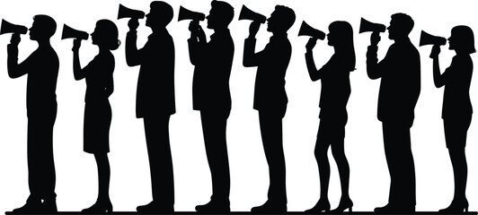 Silhouettes of diverse people holding megaphones in a row on white background