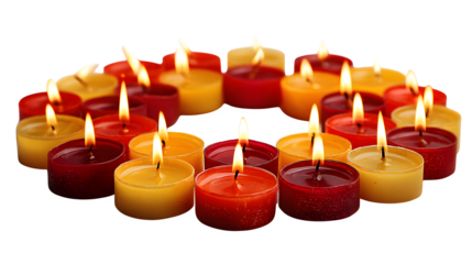 Glowing yellow flames on a row of burning wax candles in glass jars create a warm candlelight decoration for a Christmas holiday celebration or romantic night