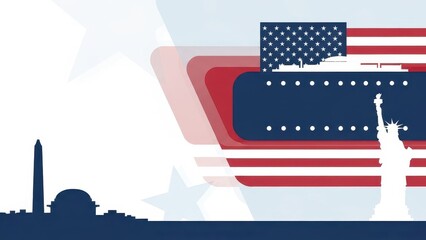 Naklejka premium Vibrant flat illustration of iconic American landmarks like Statue of Liberty and Washington Monument with USA flag, symbolizing national pride and heritage