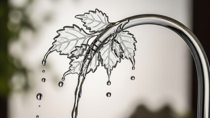 Water drops flowing from a silver leaf fixture faucet