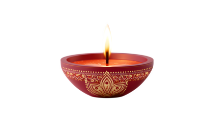 A burning red wax candle with a glowing flame and flickering light inside a glass object provides relaxation and a romantic holiday celebration symbol isolated on a dark black background