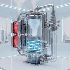 Advanced industrial filtration or energy system with glowing blue coils and red heating elements. Futuristic laboratory equipment for water purification or power generation 3D render.