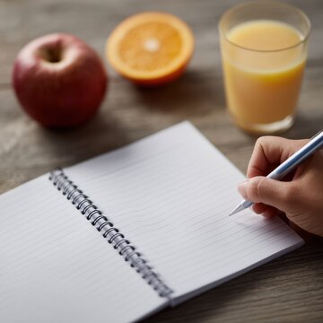 Calorie counting concept, person recording weight and daily calories in notebook