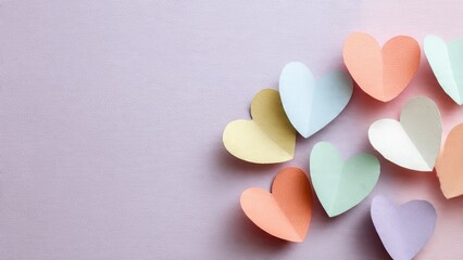 Obraz premium Minimalist flat lay background with cut-out 3D pastel paper hearts on textured lilac paper, ideal for Valentine's Day or love concepts.