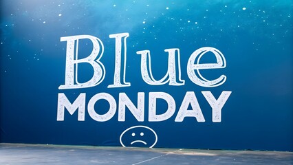 Blue monday text with sad face on a dark blue background