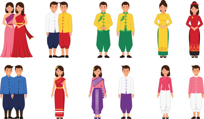 Set of Characters in Traditional South Asian Clothing Featuring Cultural Costumes for Tourism and Diversity Design.