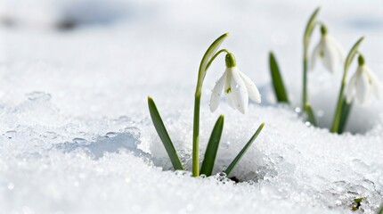 Snowdrop flowers with gentle mood representing Early Spring first bloom against snowy ground background with copy space