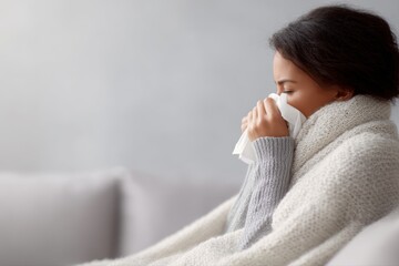 Seasonal illness concept, woman sneezing while sitting on sofa at home in winter