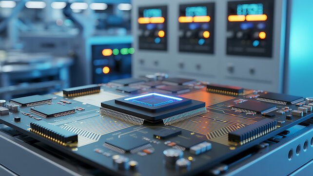 Close up view of a blue electronic circuit board with a computer motherboard and processor details showing modern digital technology and hardware components - Powered by Adobe