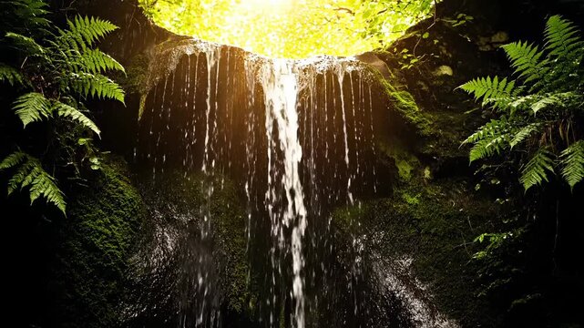 Waterfall cascades through sunlit forest cave with green ferns. Water flows down moss covered cliff in jungle. Sunlit waterfall drops through forest rock. Tropical cascade with fern vegetation.