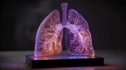 3D Digital Illustration of Glowing Human Lungs with Intricate Light Fiber Network on Dark Background