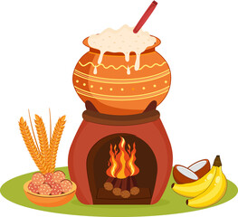 illustration of traditional rice dish cooking on fire stove celebrating Pongal harvest festival of india