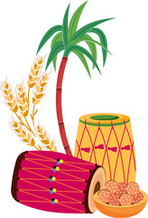 Happy lohri harvest festival of india with traditional dhols, sugarcane, wheat crops, laddoo sweets vector illustration design.