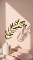 Olive Branch in White Vase Pink Background Sunlight Shadow