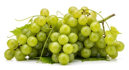 Fresh cluster of vibrant green seedless grapes with delicate tendrils and crisp leaves rests isolated against a stark white background for maximum impact.